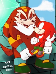 Size: 768x1024 | Tagged: safe, artist:cerberustheterrible, knuckles the echidna, echidna, 2022, abstract background, aged down, alternate universe, child, clouds, daytime, duo, father and child, father and son, holding them, looking at each other, master emerald, master emerald shrine, outdoors, signature, sitting, sitting on knee, sitting on them, smile, smiling at each other, valiant the echidna, younger