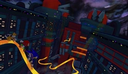Size: 6000x3500 | Tagged: safe, artist:dimensiondreamer, knuckles the echidna, miles "tails" prower, sonic the hedgehog, sonic heroes, 2023, abstract background, final fortress, nighttime, outdoors, rail grinding, railing, team sonic, trio