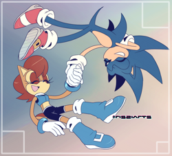 Size: 1818x1650 | Tagged: safe, artist:risziarts, sally acorn, sonic the hedgehog, chipmunk, hedgehog, 2025, duo, holding hands, sally x sonic, sally's ringblader outfit, shipping, smile, straight