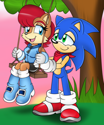 Size: 1854x2213 | Tagged: safe, artist:classicsonicsatam, sally acorn, sonic the hedgehog, chipmunk, hedgehog, 2022, duo, sally x sonic, sally's ringblader outfit, scarf, shipping, straight, swing, tree, valentine's day