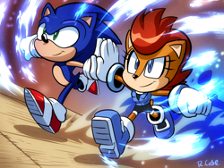 Size: 800x600 | Tagged: safe, artist:rcase, sally acorn, sonic the hedgehog, chipmunk, hedgehog, sonic forces, 2017, running, sally x sonic, sally's ringblader outfit, shipping, straight