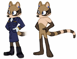 Size: 800x615 | Tagged: safe, artist:kismetei, agent topaz, 2019, alternate universe, coati, duality, fanfiction art, hands on hips, looking offscreen, mobianified, simple background, solo, white background