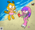 Size: 2068x1782 | Tagged: safe, artist:ftwk_comic, julie-su, saffron bee, bee, echidna, 2023, barefoot, beach, claws, crab, cup, daytime, drink, duo, eye clipping through hair, flapping wings, flying, holding something, literal animal, looking at each other, mid-air, mouth open, open smile, outdoors, paws, qr code, sand, shell, smile, smiling at each other, smoothie, standing, swimsuit, swimwear, water