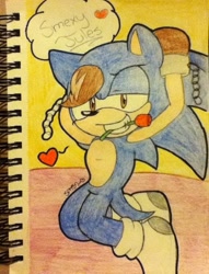 Size: 685x898 | Tagged: suggestive, artist:chilidogs742, jules hedgehog, hedgehog, 2013, english text, flower, hand behind head, heart, kneeling, lidded eyes, looking at viewer, mouth open, pencilwork, rose, seductive, seductive look, seductive pose, signature, smexy, smile, smiling at viewer, socks, solo, stupid sexy jules, text, traditional media