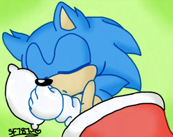 Size: 858x678 | Tagged: safe, artist:chilidogs742, sonic the hedgehog, hedgehog, 2013, blanket, cute, ear fluff, eyes closed, frown, gradient background, lying down, lying on side, pillow, signature, sleeping, solo
