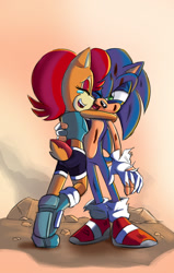 Size: 875x1375 | Tagged: safe, artist:chauvels, sally acorn, sonic the hedgehog, chipmunk, hedgehog, 2016, duo, hugging, sally x sonic, sally's ringblader outfit, shipping, straight, wound