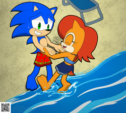 Size: 3850x3436 | Tagged: safe, artist:frostbitewhiteknight, sally acorn, sonic the hedgehog, chipmunk, hedgehog, 2023, aquaphobia, beach, duo, post-super genesis wave sally, sally x sonic, shipping, straight, swimming trunks, swimsuit