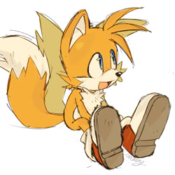 Size: 1459x1458 | Tagged: safe, artist:chronocrump, miles "tails" prower, 2025, cute, looking offscreen, signature, simple background, sitting, sketch, smile, solo, tailabetes, white background