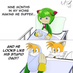 Size: 1800x1800 | Tagged: safe, artist:andtails1, cosmo the seedrian, miles "tails" prower, oc, fox, seedrian, 2025, baby, bed, dialogue, english text, fankid, frown, hospital bed, implied pregnancy, meme, nine months in my womb, parent:cosmo, parent:tails, parents:tailsmo, pillow, shipping, signature, simple background, sitting, smile, sonic x style, straight, tailsmo, text, trio, white background