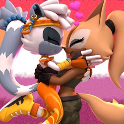 Size: 2000x2000 | Tagged: safe, artist:_m0lag_, tangle the lemur, whisper the wolf, lemur, wolf, 2025, 3d, alternate outfit, clothes, cute, duo, eyes closed, flag, heart, holding each other, lesbian, lesbian pride, lesbian visibility day, lifting them, pride, pride flag, pride flag background, shipping, standing, tangabetes, tangle x whisper, whispabetes