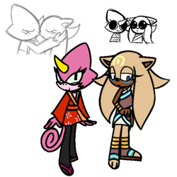 Size: 768x768 | Tagged: safe, artist:chocochurroz, gold the tenrec, tenrec, 2025, alternate outfit, chameleon, clothes, crack shipping, cute, duo, eyelashes, flat colors, gold x liza, goldabetes, kimono, kiss, lesbian, liza the chameleon, lizabetes, sandals, shipping, simple background, standing, white background