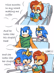 Size: 1080x1450 | Tagged: safe, artist:fliviartoon, manik acorn, sally acorn, sonia acorn, sonic the hedgehog, chipmunk, hedgehog, 2025, baby, carrying them, comic, crown, dialogue, english text, nine months in my womb, ponytail, quartet, sally x sonic, shipping, straight