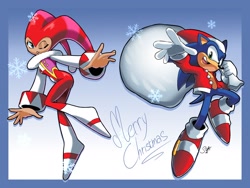 Size: 2048x1536 | Tagged: safe, artist:starioforreal, sonic the hedgehog, 2025, agender, border, christmas, christmas hat, christmas outfit, clothes, crossover, duo, gradient background, hat, holding something, jacket, looking at viewer, male, mouth open, nights, open smile, sack, signature, smile, smiling at viewer, snowflake, text, wink, winking at viewer