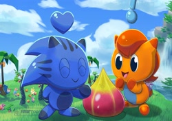 Size: 2143x1510 | Tagged: safe, artist:fliviartoon, big the cat, miles "tails" prower, sally acorn, sonic the hedgehog, cat, chao, hedgehog, 2025, chao garden, character chao, duo, duo focus, exclamation mark, fishing, fruit, heart, sally x sonic, shipping, straight, strong fruit