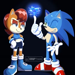 Size: 1748x1748 | Tagged: safe, artist:fliviartoon, sally acorn, sonic the hedgehog, chipmunk, hedgehog, 2025, black background, chaos emerald, duo, sally x sonic, sally's ringblader outfit, shipping, straight