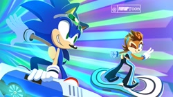 Size: 2480x1395 | Tagged: safe, artist:fliviartoon, sally acorn, sonic the hedgehog, chipmunk, hedgehog, 2025, duo, extreme gear, riders outfit, riders style, sally x sonic, shipping, straight