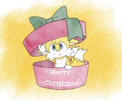 Size: 1440x1186 | Tagged: safe, artist:yuuunaaa0504, miles "tails" prower, 2025, :o, blushing, christmas, cute, floppy ears, gradient background, mouth open, present, solo, tailabetes, text