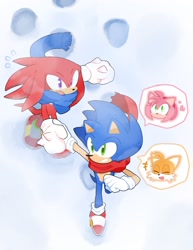 Size: 1579x2048 | Tagged: safe, artist:alulu034, amy rose, knuckles the echidna, miles "tails" prower, sonic the hedgehog, 2025, alternate outfit, christmas, christmas outfit, daytime, duo focus, footprint, group, heart, holding hands, mouth open, outdoors, running, scarf, smile, snow