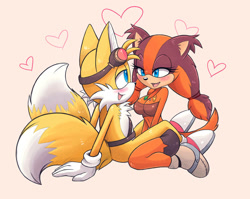 Size: 1003x797 | Tagged: suggestive, artist:sokerikaneli, miles "tails" prower, sticks the badger, badger, fox, 2022, beige background, blushing, cleavage, duo, eyelashes, heart, kneeling, lidded eyes, looking at each other, mouth open, open smile, shipping, simple background, sitting, sitting on them, smile, smiling at each other, sonic boom (tv), sticks x tails, straight