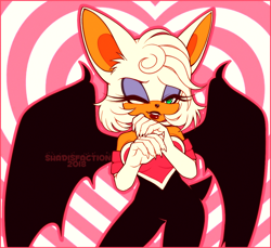 Size: 1118x1022 | Tagged: safe, artist:shadisfaction, rouge the bat, 2018, abstract background, alternate hairstyle, claws, ear fluff, flat colors, hair, heart, outline, signature, smile, solo, standing, wink