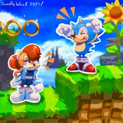 Size: 2048x2048 | Tagged: safe, artist:lilazilla, artist:zinnyallia, sally acorn, sonic the hedgehog, chipmunk, hedgehog, green hill zone, 2025, classic sally, classic sonic, classic style, duo, ponytail, rings, sally x sonic, sally's ringblader outfit, shipping, straight, sunflower