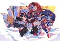 Size: 2048x1411 | Tagged: safe, artist:straybird25, knuckles the echidna, miles "tails" prower, sonic the hedgehog, 2025, alternate outfit, clothes, coat, ear warmers, eyes closed, hat, looking at them, looking at viewer, morning, outdoors, poncho, running, scarf, smile, snow, snowball, snowball fight, standing, sunrise, team sonic, tree, trio, ushanka hat, winter, winter outfit