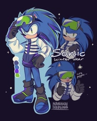 Size: 1638x2048 | Tagged: safe, artist:nanakaiseedling, sonic the hedgehog, 2023, alternate outfit, arms folded, black gloves, black shoes, boots, clothes, coat, english text, fingergun, gloves, goggles, goggles on head, looking at viewer, looking offscreen, signature, ski goggles, smile, solo, standing, text, tongue out, winter, winter outfit