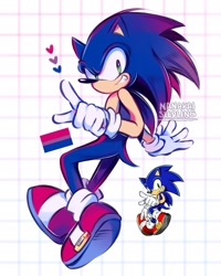 Size: 1638x2048 | Tagged: safe, artist:nanakaiseedling, sonic the hedgehog, 2022, bisexual, bisexual pride, heart, limited palette, posing, pride, redraw, reference inset, smile, solo
