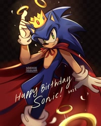 Size: 960x1200 | Tagged: safe, artist:nanakaiseedling, sonic the hedgehog, 2023, alternate outfit, birthday, cape, checkered background, crown, english text, gloves, king sonic, looking at viewer, ring, shoes, signature, smile, smiling at viewer, socks, solo, text