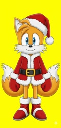 Size: 704x1472 | Tagged: safe, artist:adpp2007, miles "tails" prower, 2025, alternate outfit, belt, boots, christmas, christmas hat, christmas outfit, coat, eyestrain, front view, gloves, hat, red gloves, simple background, smile, smiling at viewer, solo, standing, yellow background