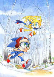 Size: 1024x1449 | Tagged: safe, artist:finikart, miles "tails" prower, sonic the hedgehog, 2019, abstract background, alternate outfit, arms out, clothes, clouds, daytime, duo, flower, flying, hat, looking ahead, looking at them, looking offscreen, mid-air, outdoors, running, scarf, smile, snow, spinning tails, spring, tree, ushanka hat, winter outfit
