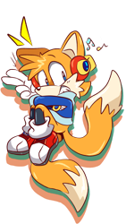 Size: 1440x2560 | Tagged: safe, artist:blehmaster7, miles "tails" prower, 2025, alternate outfit, clothes, coat, headphones, listening to music, musical note, simple background, sitting, smile, socks, solo, transparent background, v sign