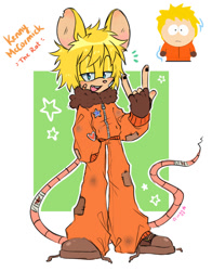 Size: 965x1232 | Tagged: safe, artist:icyy-stxrlight, 2025, bandaid, barely sonic related, character name, clothes, coat, devil horns (gesture), english text, hand in pocket, kenny mccormick, lidded eyes, looking at viewer, mobianified, mouth open, open smile, outline, pants, rat, reference inset, shoelaces, smile, smiling at viewer, solo, south park, standing, star (symbol), text, zip