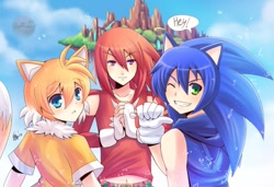 Size: 1601x1097 | Tagged: safe, artist:felicia-val, knuckles the echidna, miles "tails" prower, sonic the hedgehog, human, angel island, cracking knuckle, dialogue, frown, humanized, looking at viewer, mouth open, partially humanized, smile, team sonic, trio