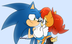 Size: 1150x715 | Tagged: safe, artist:risziarts, sally acorn, sonic the hedgehog, chipmunk, hedgehog, 2022, crying, duo, looking at each other, sally x sonic, sally's ringblader outfit, shipping, simple background, straight, tears