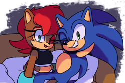 Size: 1920x1280 | Tagged: safe, artist:sonicboomnextgen, sally acorn, sonic the hedgehog, chipmunk, hedgehog, 2024, duo, lying on them, no vest, sally x sonic, sally's ringblader outfit, shipping, sofa, straight