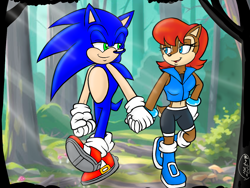 Size: 1600x1200 | Tagged: safe, artist:mel-sky, sally acorn, sonic the hedgehog, chipmunk, hedgehog, 2025, duo, forest, holding hands, sally x sonic, sally's ringblader outfit, shipping, straight