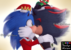 Size: 3000x2100 | Tagged: safe, artist:jocelynminions, shadow the hedgehog, sonic the hedgehog, 2025, christmas, christmas hat, christmas outfit, duo, gay, holding each other, kiss, lineless, movie style, shadow x sonic, shipping, side view, speedpaint in description, youtube link in description