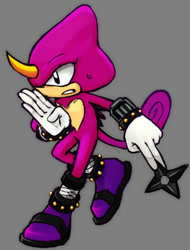 Size: 400x527 | Tagged: safe, artist:boogerick, espio the chameleon, 2025, clenched teeth, grey background, holding something, looking offscreen, ninja star, posing, simple background, solo, sweatdrop
