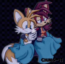 Size: 1920x1895 | Tagged: safe, artist:chms-11, fiona fox, miles "tails" prower, fox, 2022, black background, blanket, cybernetic, drink, duo, hot drink, mug, shipping, simple background, sitting, straight, taiona