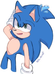 Size: 768x1024 | Tagged: safe, artist:slow_footed8, sonic the hedgehog, 2025, hand on own head, simple background, smile, solo, sweat, sweatdrop, white background