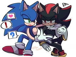 Size: 1024x768 | Tagged: safe, artist:slow_footed8, shadow the hedgehog, sonic the hedgehog, 2025, duo, exclamation mark, heart, looking at them, question mark, simple background, sitting, squiggle, white background