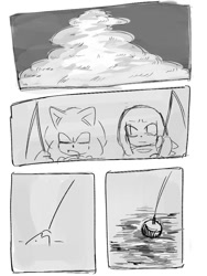Size: 768x1024 | Tagged: safe, artist:slow_footed8, knuckles the echidna, sonic the hedgehog, 2025, comic, duo, eyes closed, fishing, greyscale, looking at them, monochrome, mouth open