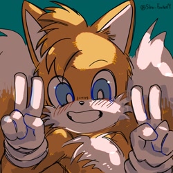 Size: 1280x1280 | Tagged: safe, artist:slow_footed8, miles "tails" prower, 2025, double v sign, looking at viewer, simple background, smile, solo, turquoise background, v sign