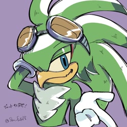 Size: 1280x1280 | Tagged: safe, artist:slow_footed8, jet the hawk, 2025, japanese text, lidded eyes, looking at viewer, purple background, simple background, smile, solo