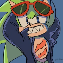 Size: 1280x1280 | Tagged: safe, artist:slow_footed8, scourge the hedgehog, 2025, blue background, grin, looking at viewer, simple background, smile