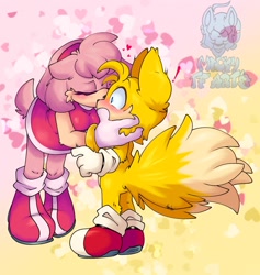 Size: 1800x1900 | Tagged: safe, artist:mickytubby, amy rose, miles "tails" prower, blushing, duo, exclamation mark, heart, kiss, shipping, straight, tailamy