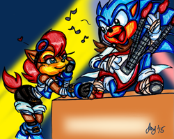 Size: 935x744 | Tagged: safe, artist:jayfoxfire, sally acorn, sonic the hedgehog, chipmunk, hedgehog, 2015, concert, duo, electric guitar, heart, musical instrument, sally x sonic, shipping, singing, sonic boom (tv), straight