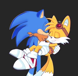 Size: 600x588 | Tagged: safe, artist:_nav_o, artist:navarritoart, miles "tails" prower, sonic the hedgehog, 2024, black background, carrying them, gay, shipping, signature, simple background, smile, sonic boom (tv), sonic x tails, standing