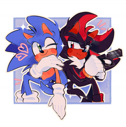 Size: 1696x1711 | Tagged: safe, artist:justashedd, shadow the hedgehog, sonic the hedgehog, hedgehog, 2025, blushing, duo, gay, gun, heart, holding something, looking at them, looking at viewer, outline, scar, shadow x sonic, shipping, smile, sparkles, wink